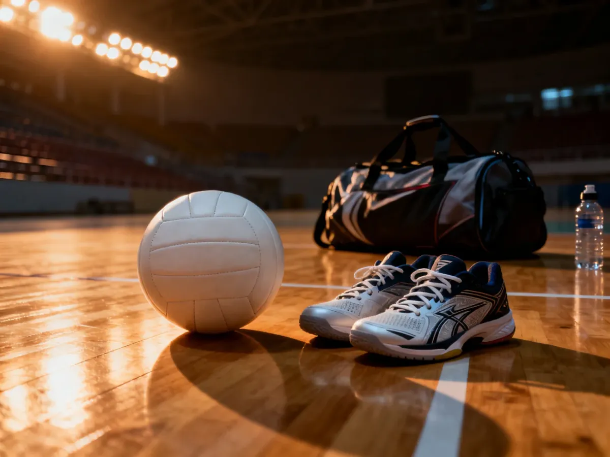 Piłka do siatkówki i sportowe obuwie na parkiecie hali sportowej w nastrojowym oświetleniu.