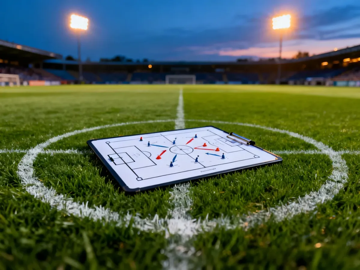 Taktyczna tablica trenerska z rozpisaną strategią ustawiona na środku murawy piłkarskiej na tle oświetlonego stadionu.