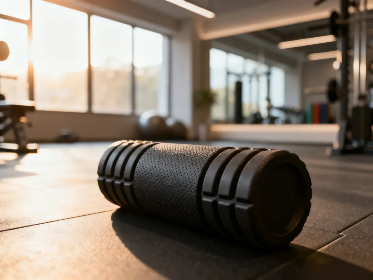 Profesjonalny roller do masażu mięśni leżący na podłodze w nowoczesnej sali fitness w świetle poranka.