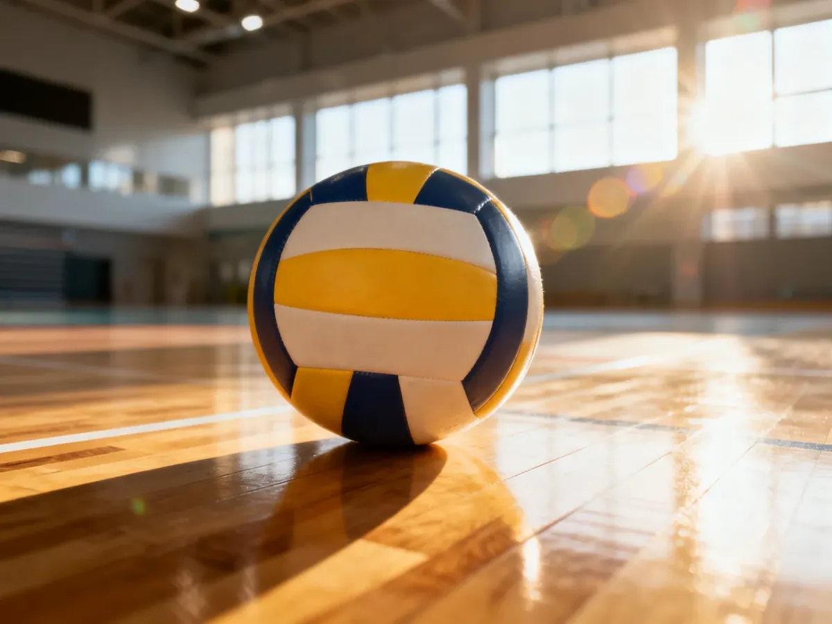 Piłka do siatkówki leżąca na parkiecie w nowoczesnej hali sportowej oświetlonej promieniami zachodzącego słońca.
