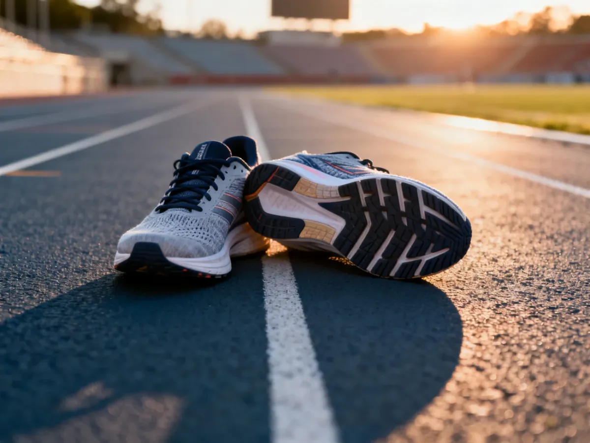 Profesjonalne buty do biegania na bieżni lekkoatletycznej w świetle poranka, z widocznym bieżnikiem podeszwy.