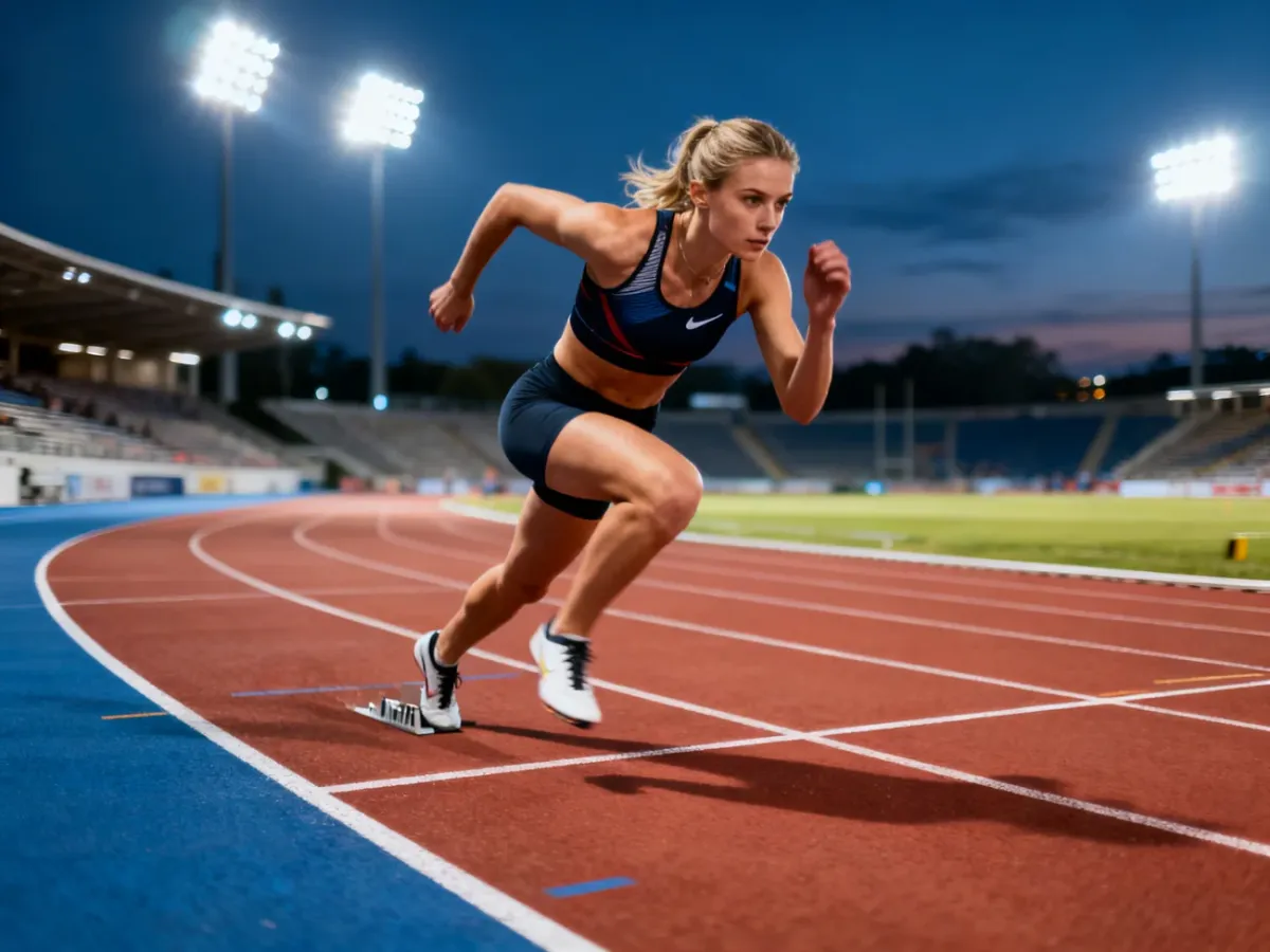 Julien Alfred w dynamicznym sprincie na profesjonalnej bieżni lekkoatletycznej podczas zawodów na stadionie.