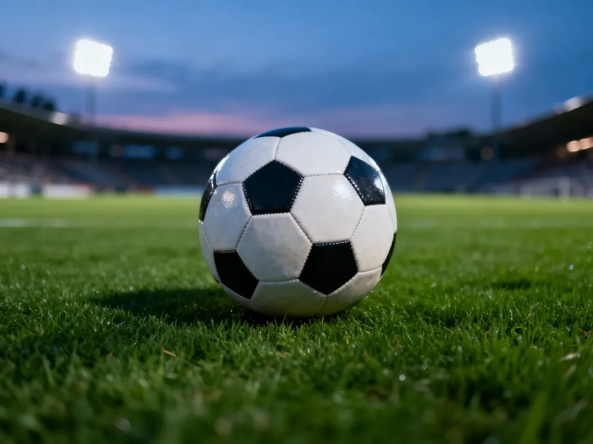 Profesjonalna piłka nożna na środku murawy stadionu w świetle wieczornych reflektorów.