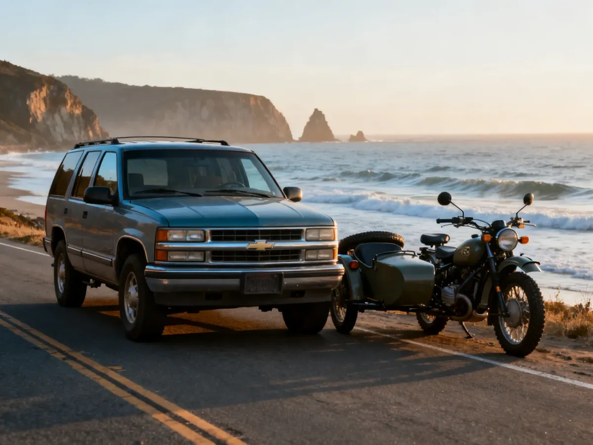 Zabytkowy Chevrolet Tahoe i motocykl Ural M62 podczas nadmorskiej podróży