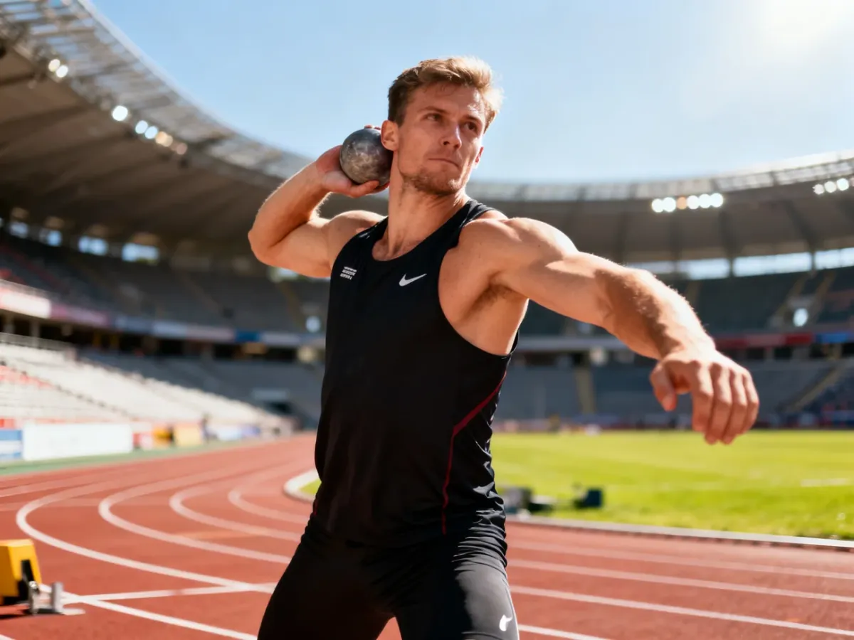 Leonardo Fabbri podczas pchnięcia kulą na stadionie lekkoatletycznym. Sportowiec w pełnym skupieniu wykonuje rzut.