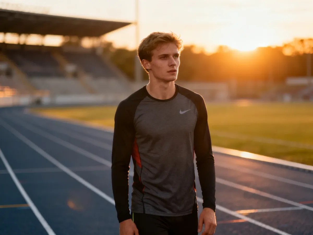 Skupiony sportowiec w stroju treningowym na bieżni lekkoatletycznej w świetle zachodzącego słońca.
