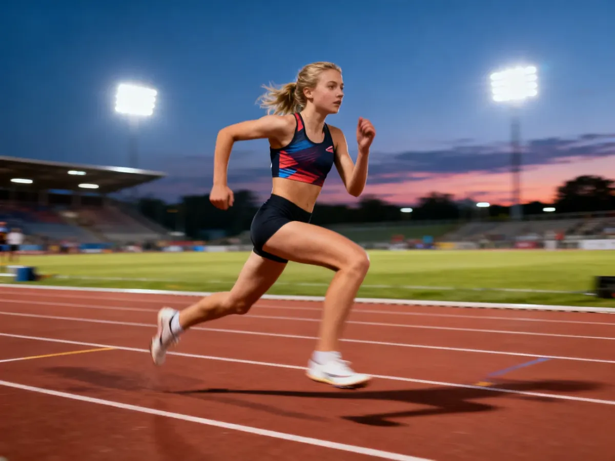 Młoda zawodniczka biegnąca po profesjonalnej bieżni lekkoatletycznej podczas zawodów w świetle reflektorów.