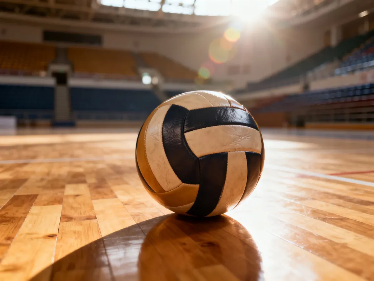 Skórzana piłka do siatkówki na parkiecie hali sportowej w promieniach porannego słońca.