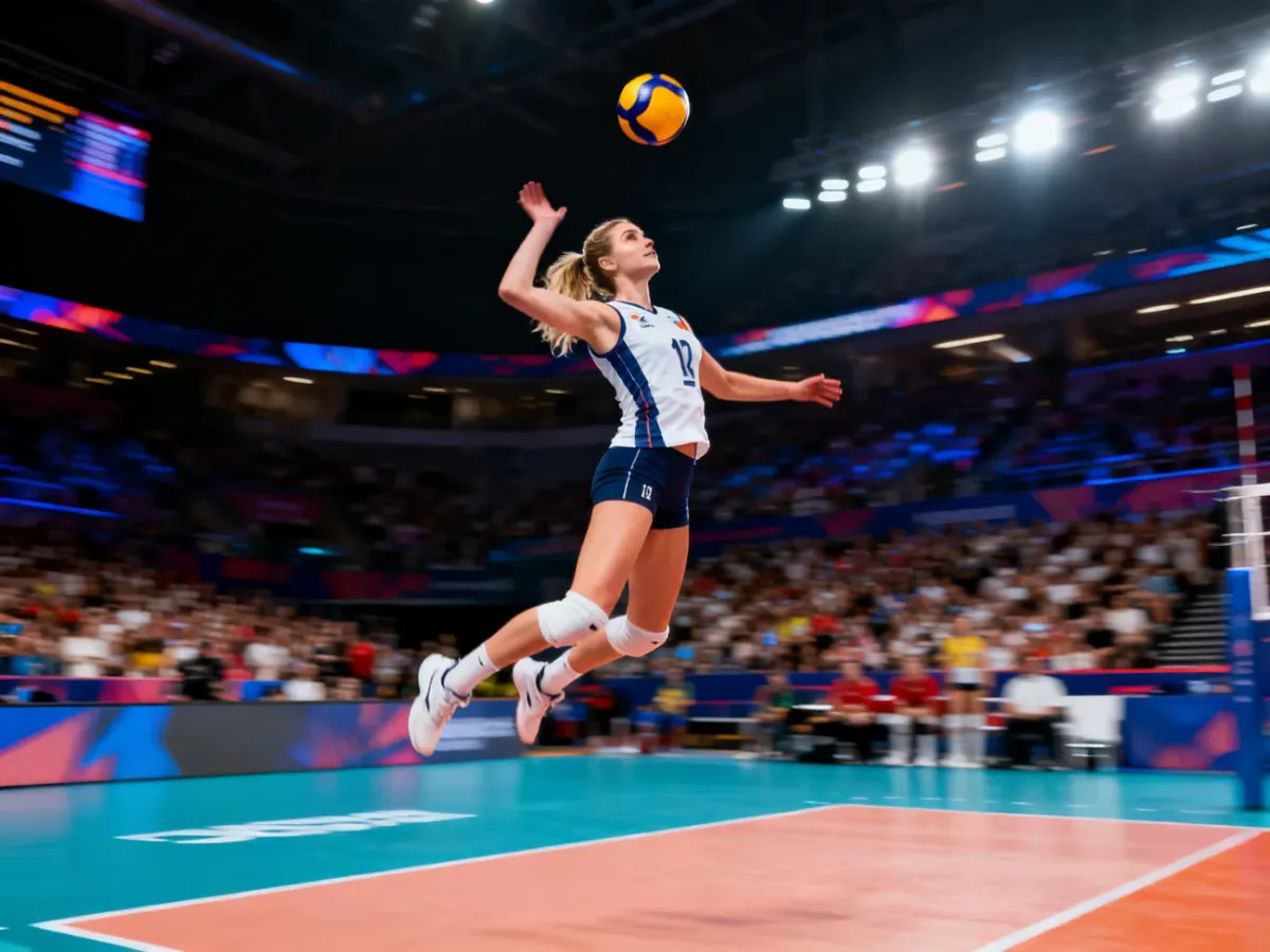 Natalia Mędrzyk w wyskoku podczas ataku na siatkówce, skupiona na grze w trakcie meczu w hali sportowej.