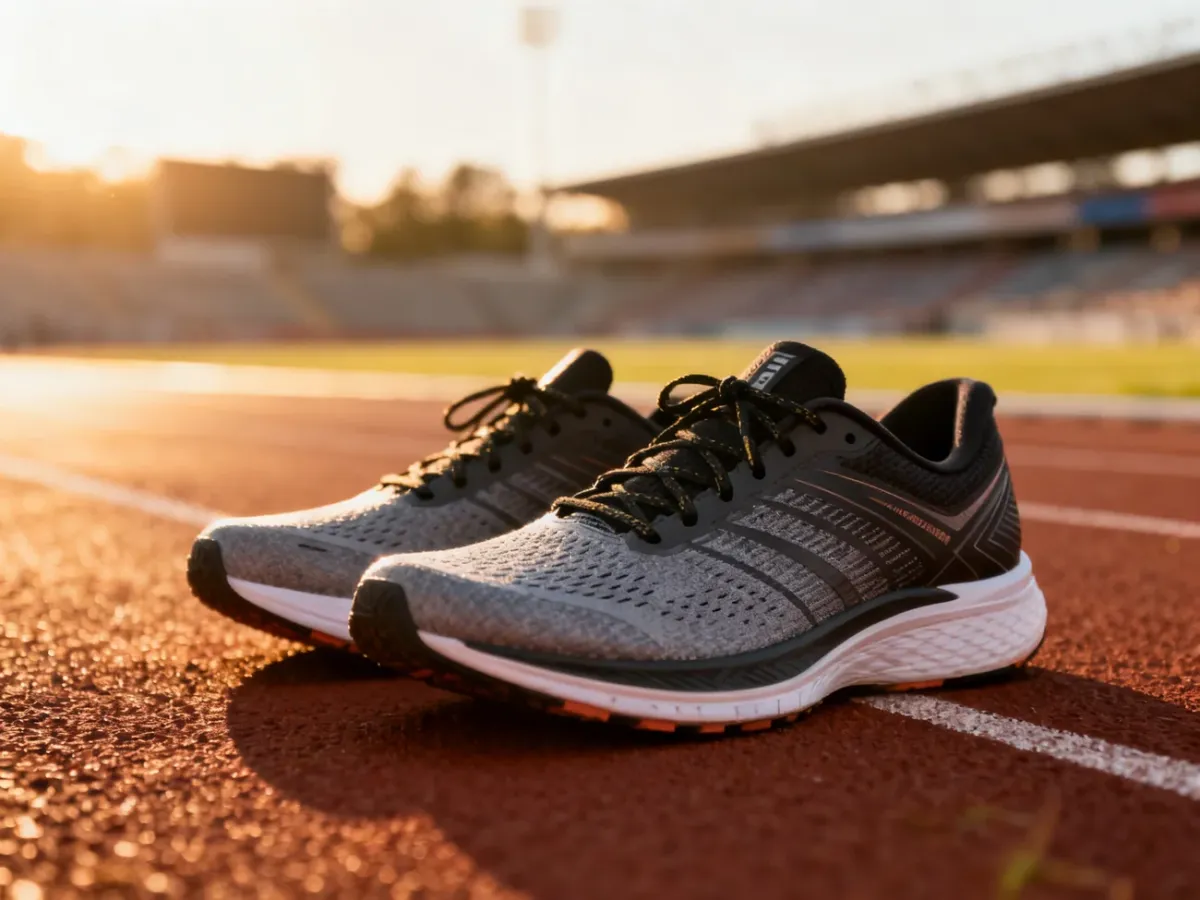 Profesjonalne buty do biegania ustawione na bieżni lekkoatletycznej w świetle poranka.