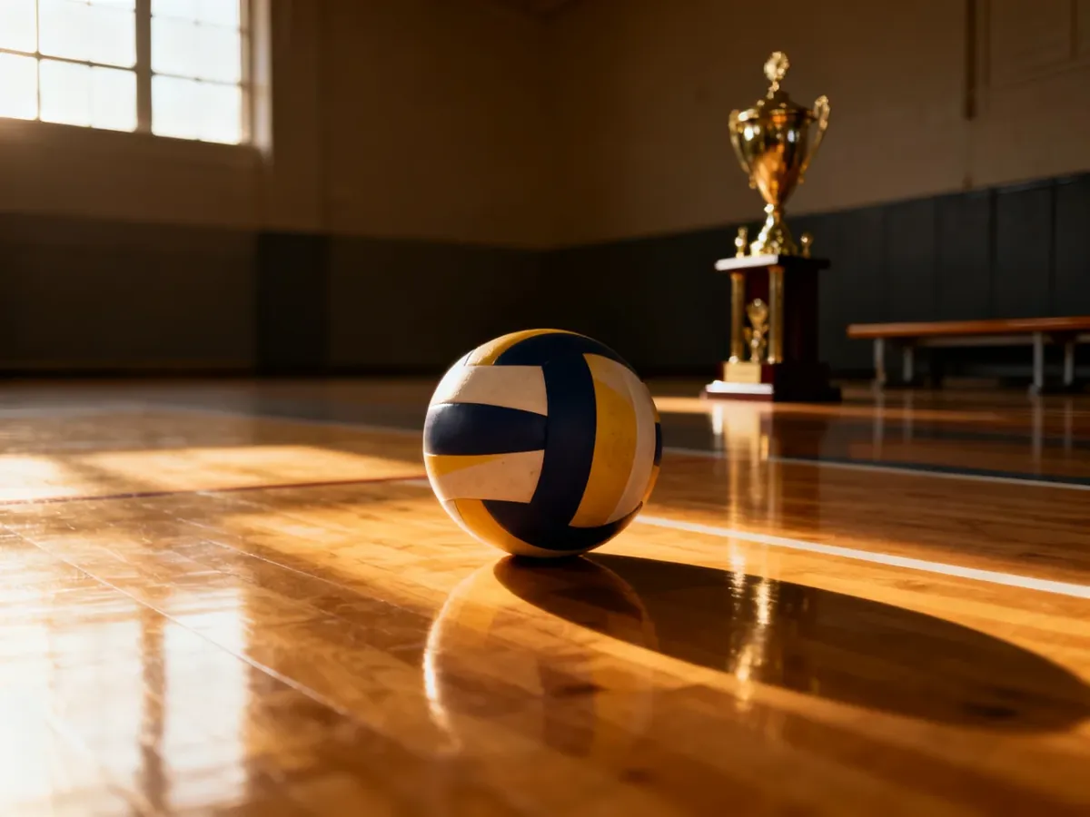 Piłka do siatkówki spoczywająca na parkiecie w pustej hali sportowej, symbolizująca chwilę wyciszenia po meczu.
