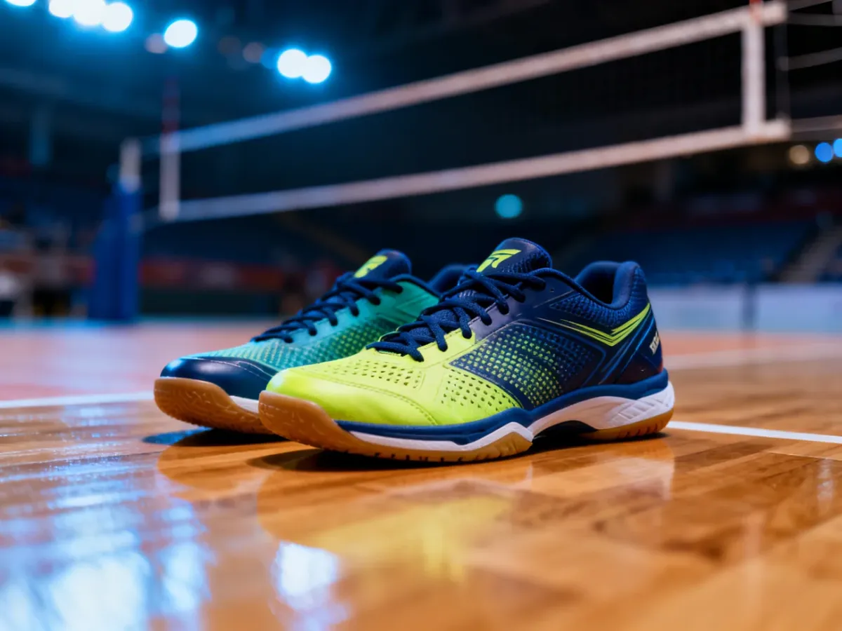 Profesjonalne buty do siatkówki na drewnianym parkiecie hali sportowej z rozmytą siatką w tle.