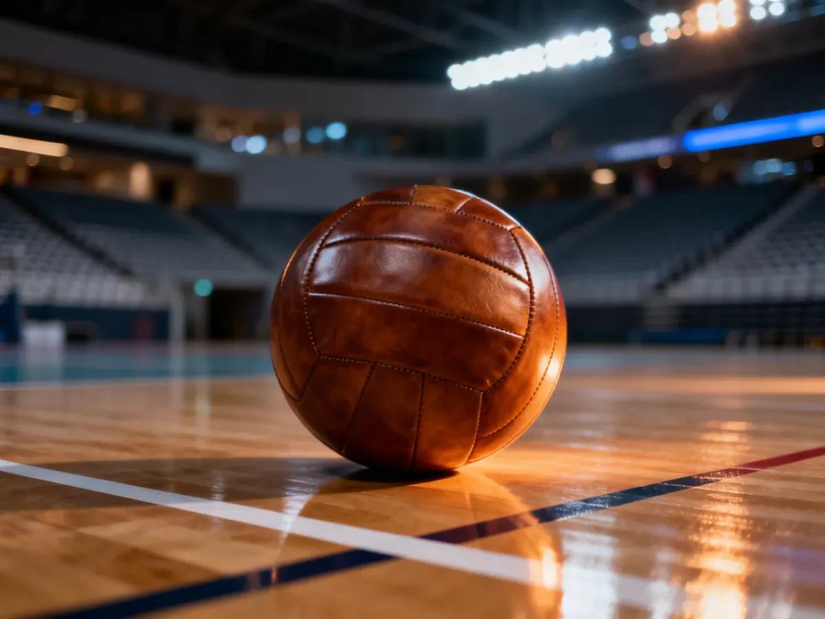 Piłka do siatkówki leżąca na parkiecie hali sportowej w oczekiwaniu na mecz PlusLigi.