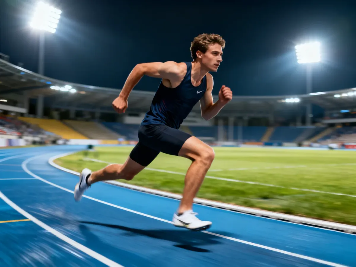 Emmanuel Wanyonyi podczas dynamicznego biegu na profesjonalnej bieżni lekkoatletycznej w świetle stadionowych reflektorów.