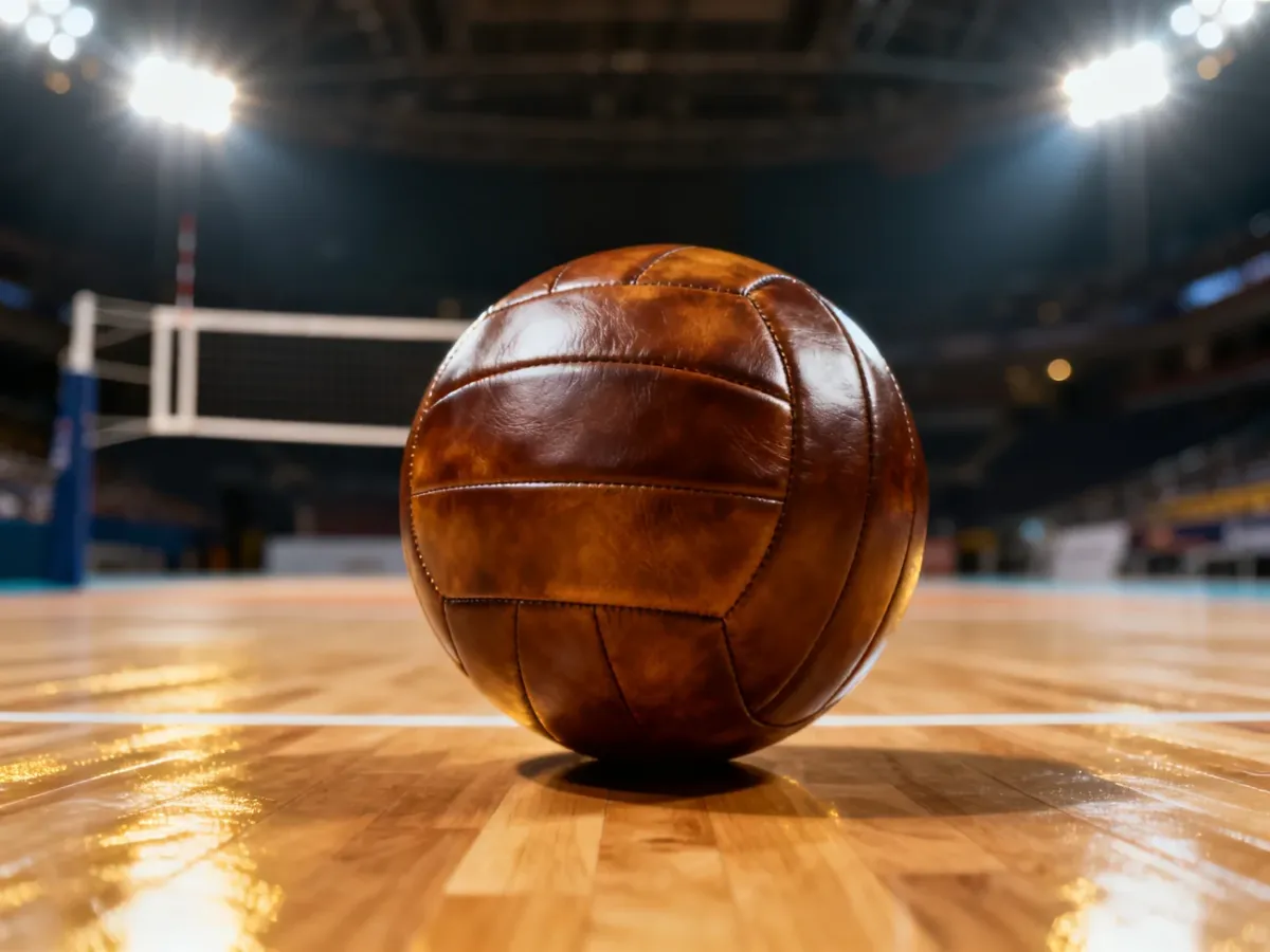 Skórzana piłka do siatkówki na parkiecie hali sportowej w świetle reflektorów.