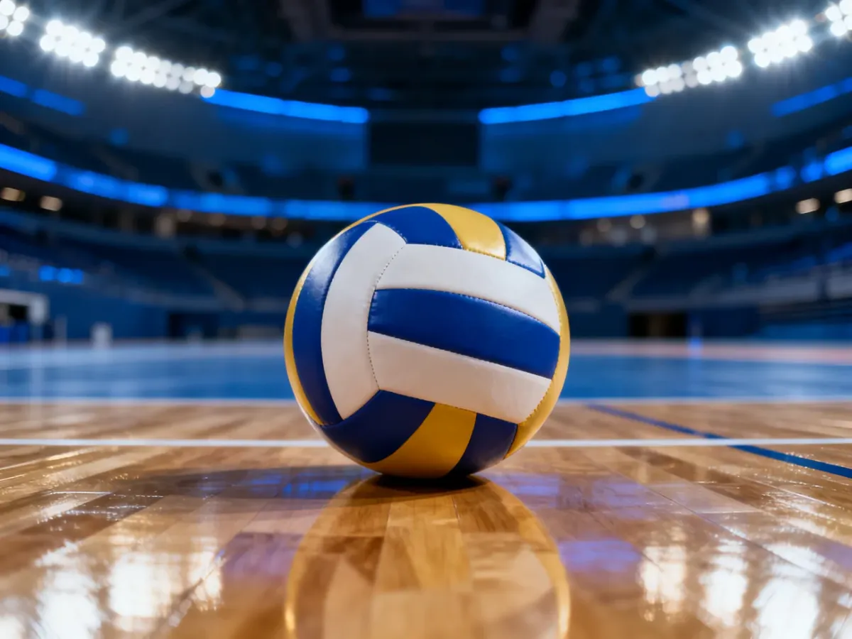 Piłka do siatkówki leżąca na drewnianym parkiecie w hali sportowej.