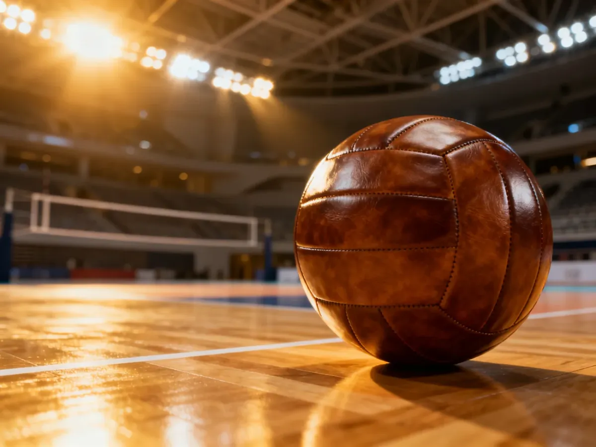Skórzana piłka do siatkówki spoczywająca na parkiecie nowoczesnej hali sportowej w blasku reflektorów.