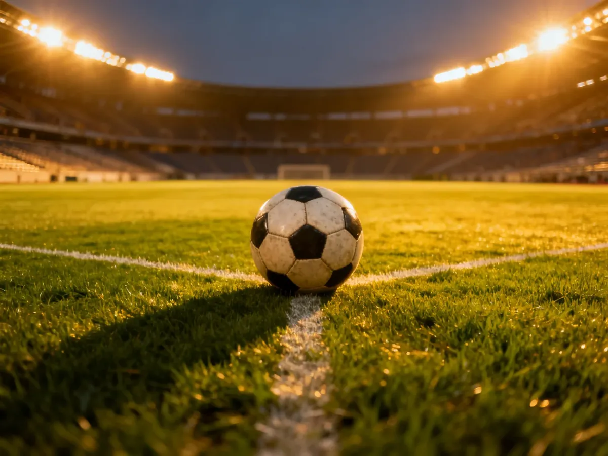 Piłka do gry w piłkę nożną na środku murawy stadionu w świetle jupiterów.