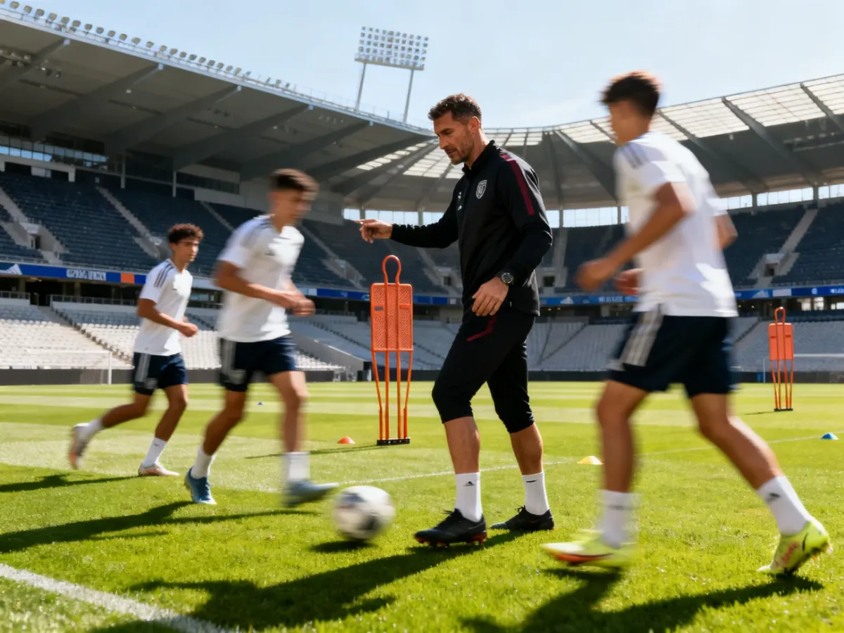 Doświadczony piłkarz prowadzący trening młodszych zawodników na stadionie