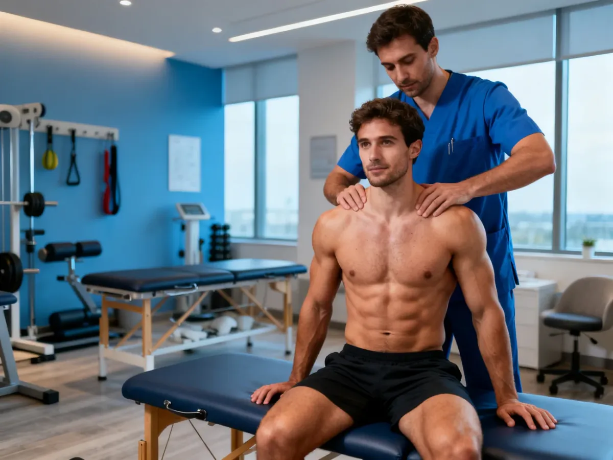 Fizjoterapeuta sportowy podczas pracy z pacjentem w nowoczesnym gabinecie rehabilitacyjnym