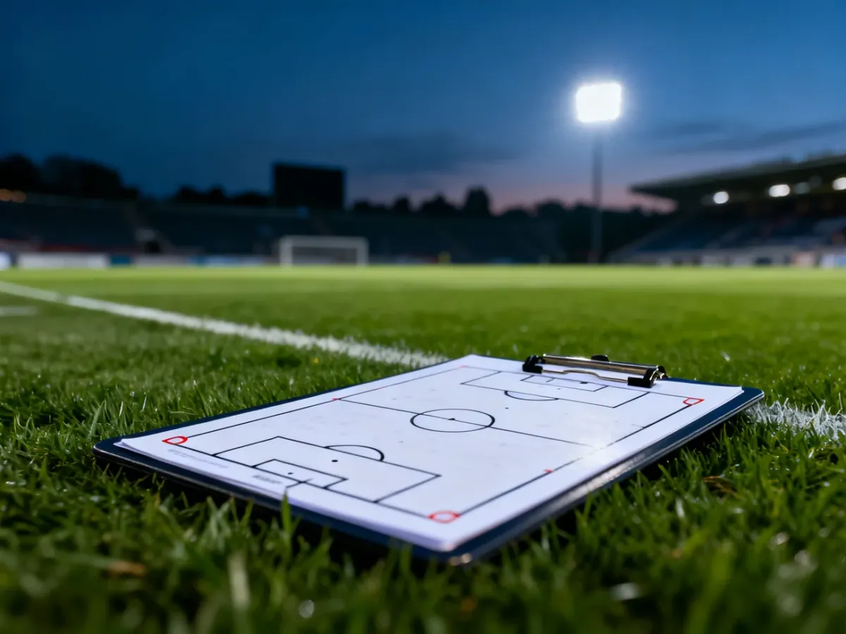 Taktyczna tablica z planem gry na murawie stadionu piłkarskiego o zmroku, symbolizująca pracę menadżera.