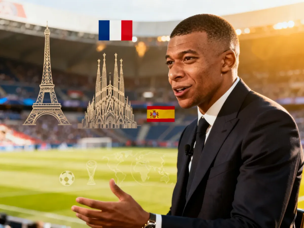 Kylian Mbappé udzielający międzynarodowego wywiadu na stadionie