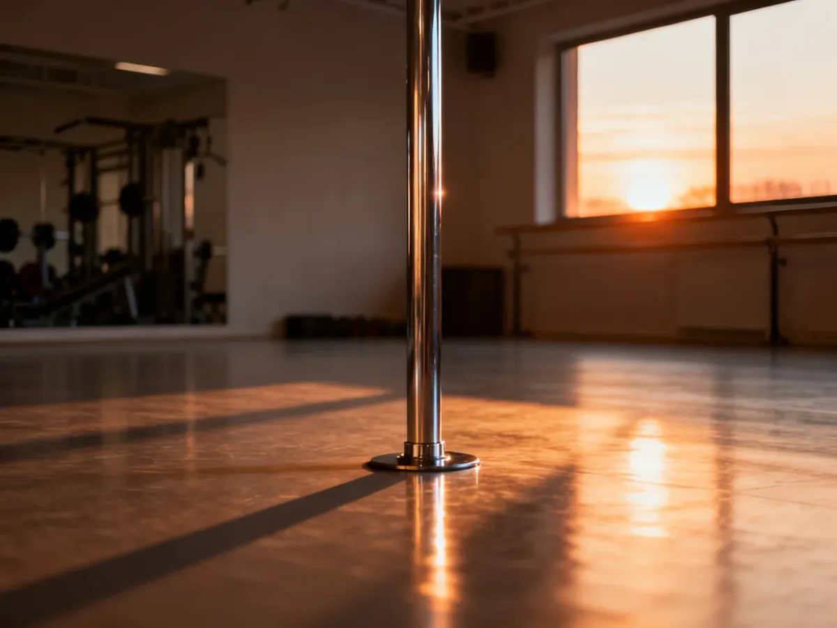 Profesjonalne studio z chromowanym rurą do pole dance w ciepłym świetle zachodzącego słońca.