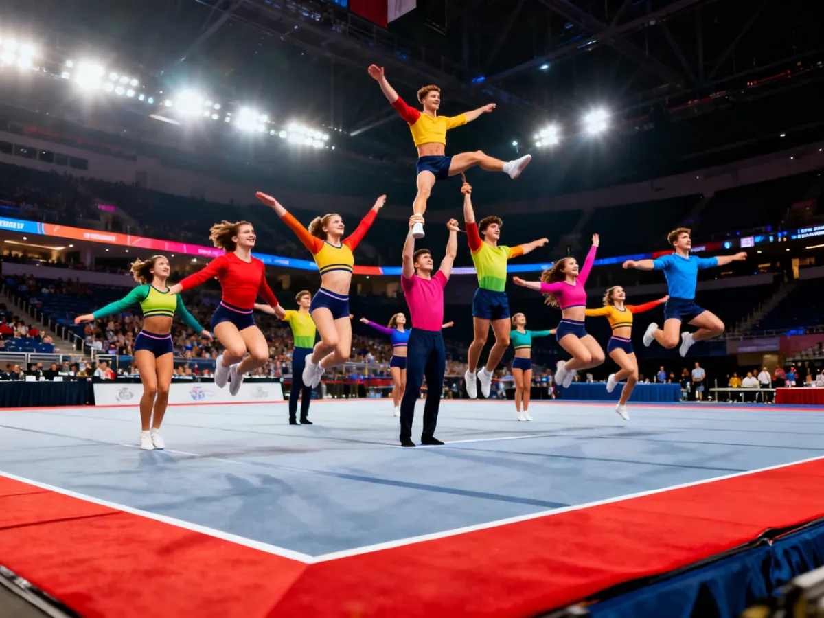 Zespół cheerleaderek i cheerleaderów wykonujący synchroniczny układ akrobatyczny podczas zawodów