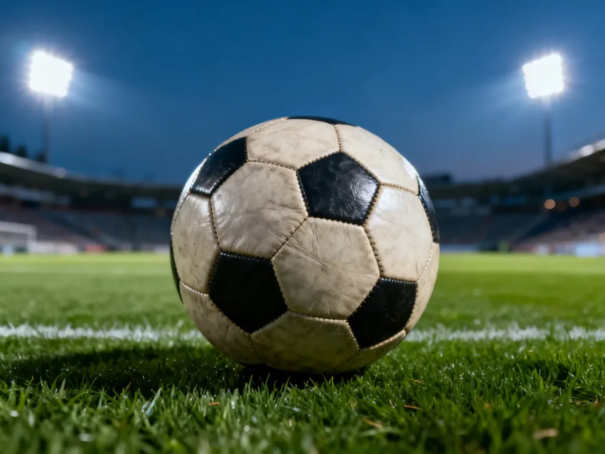 Skórzana piłka na murawie stadionu w świetle jupiterów podczas wieczornego meczu Ekstraklasy.