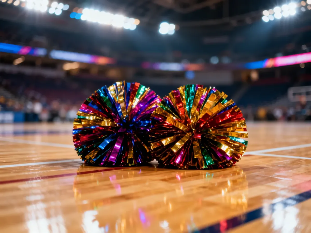 Kolorowe pompony cheerleaderskie na parkiecie hali sportowej w blasku świateł, podkreślające sportowy charakter dyscypliny.