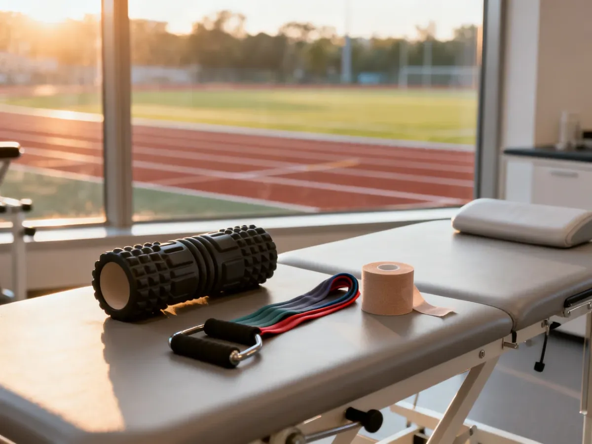 Profesjonalny sprzęt do rehabilitacji sportowej ułożony na stole zabiegowym w nowoczesnym gabinecie fizjoterapii.